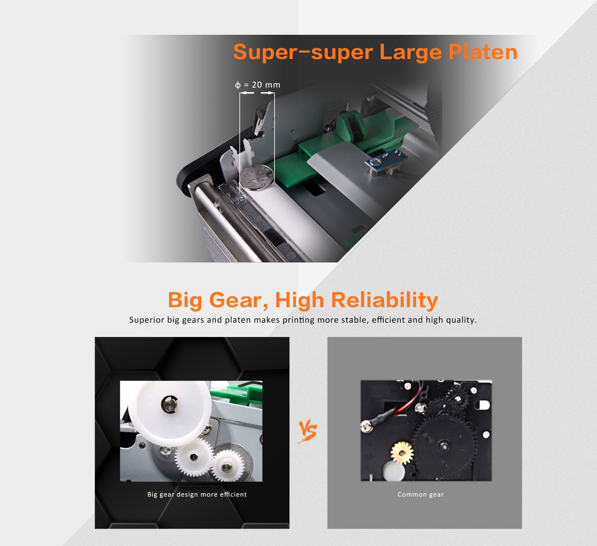 Big gear and platen thermal label printer