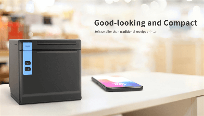 Sleek, compact black HPRT-TP808 receipt printer in a boutique setting