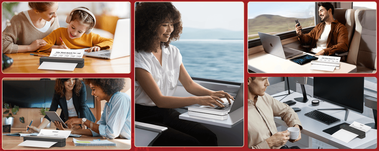 People using a portable travel printer on the go