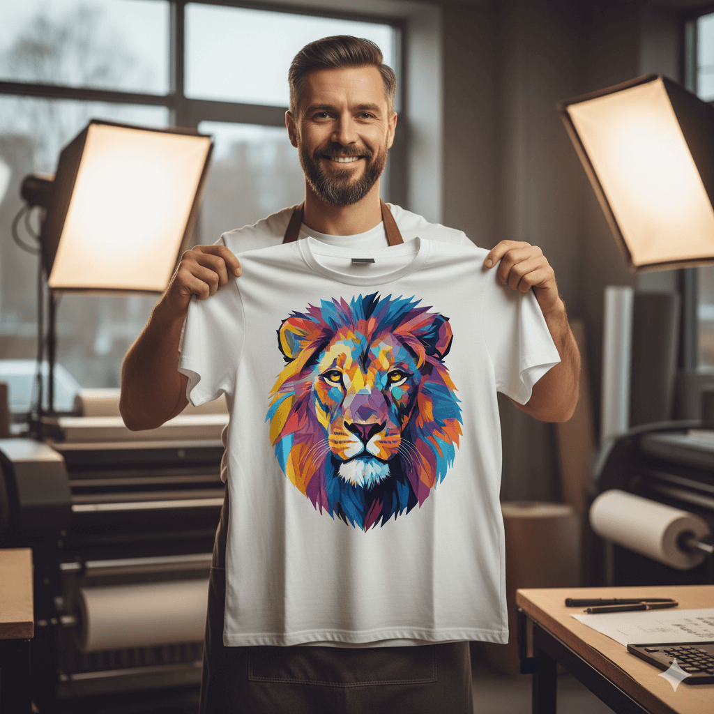 Man holding a freshly printed custom t-shirt