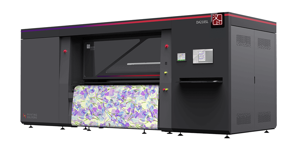 A large, industrial Direct-to-Fabric printer in operation.