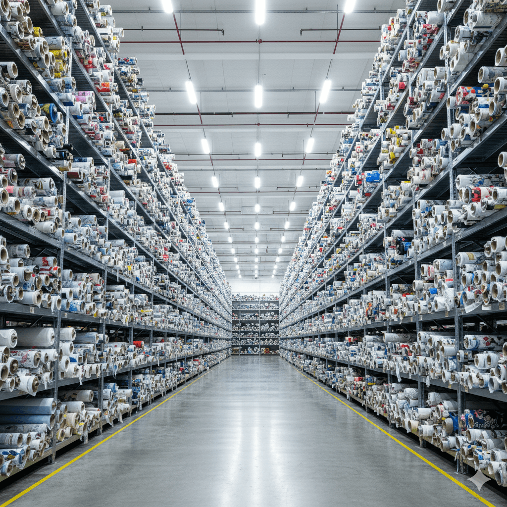 Large rolls of fabric in an industrial factory setting