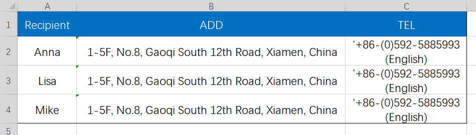 Excel spreadsheet with recipient data