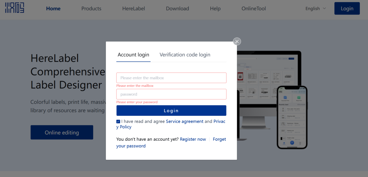 HereLabel login screen