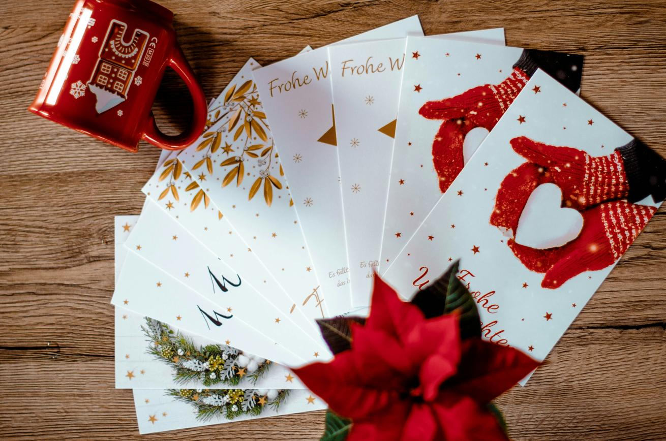 Holiday cards and a festive mug