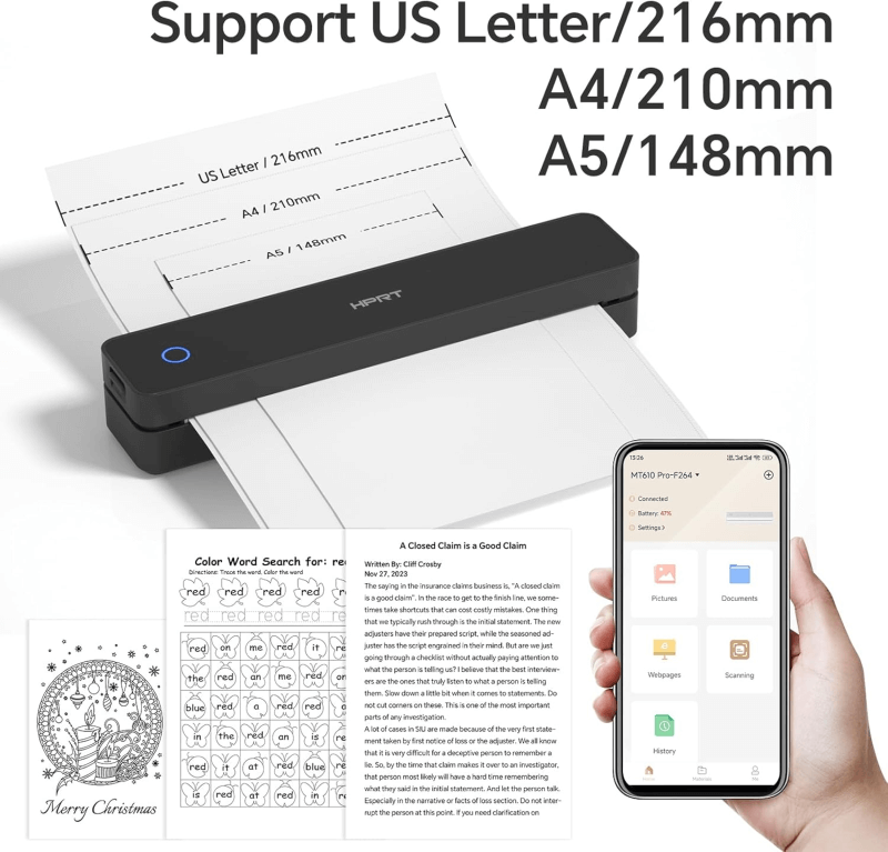 HPRT MT610 Mobile Printer Support US Letter, A4 and A5 Paper