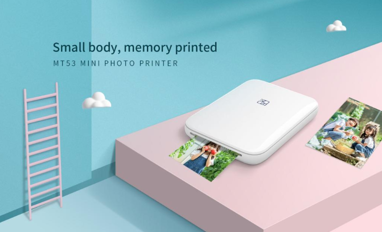 HPRT MT53 mini photo printer producing 2x3 wallet size photos with sticky backs