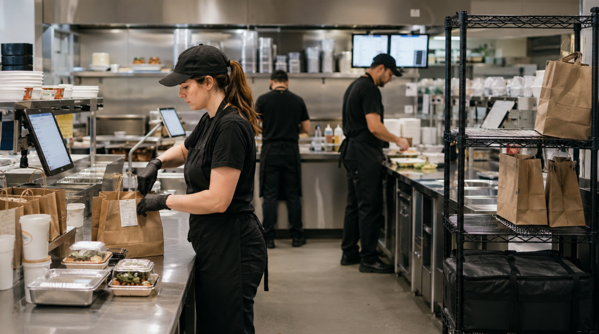 A busy ghost kitchen operation managing multiple virtual brands with a POS and KDS setup