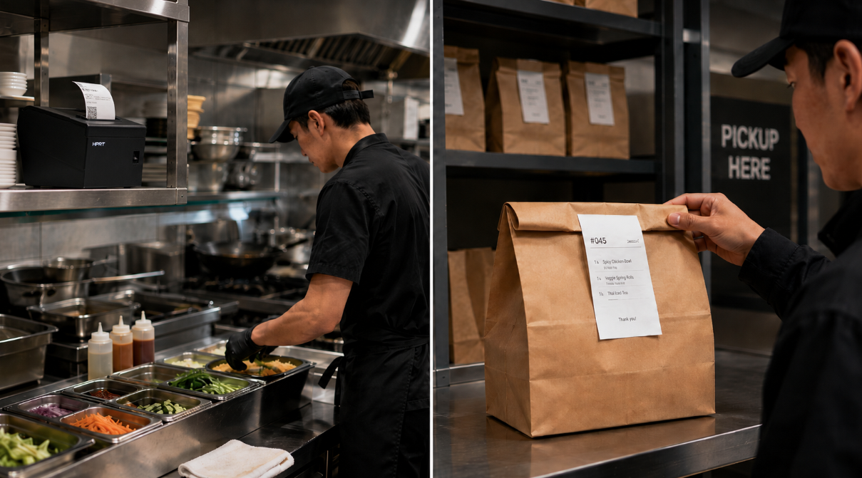 Kitchen prep and packing with printed tickets and bag labels