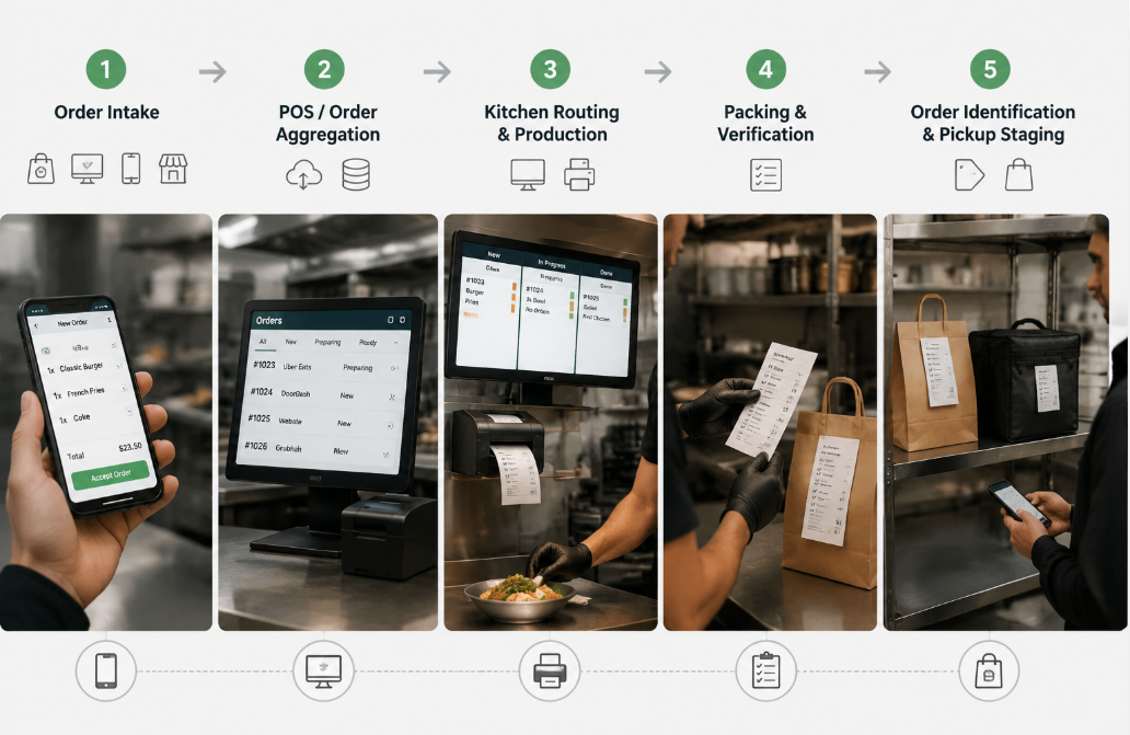 Ghost kitchen order flow from intake to driver pickup
