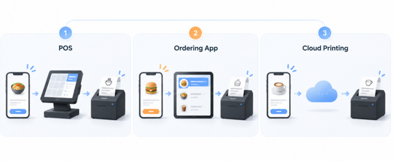 Three workflows for printing online orders: POS system, ordering app, and cloud printing service