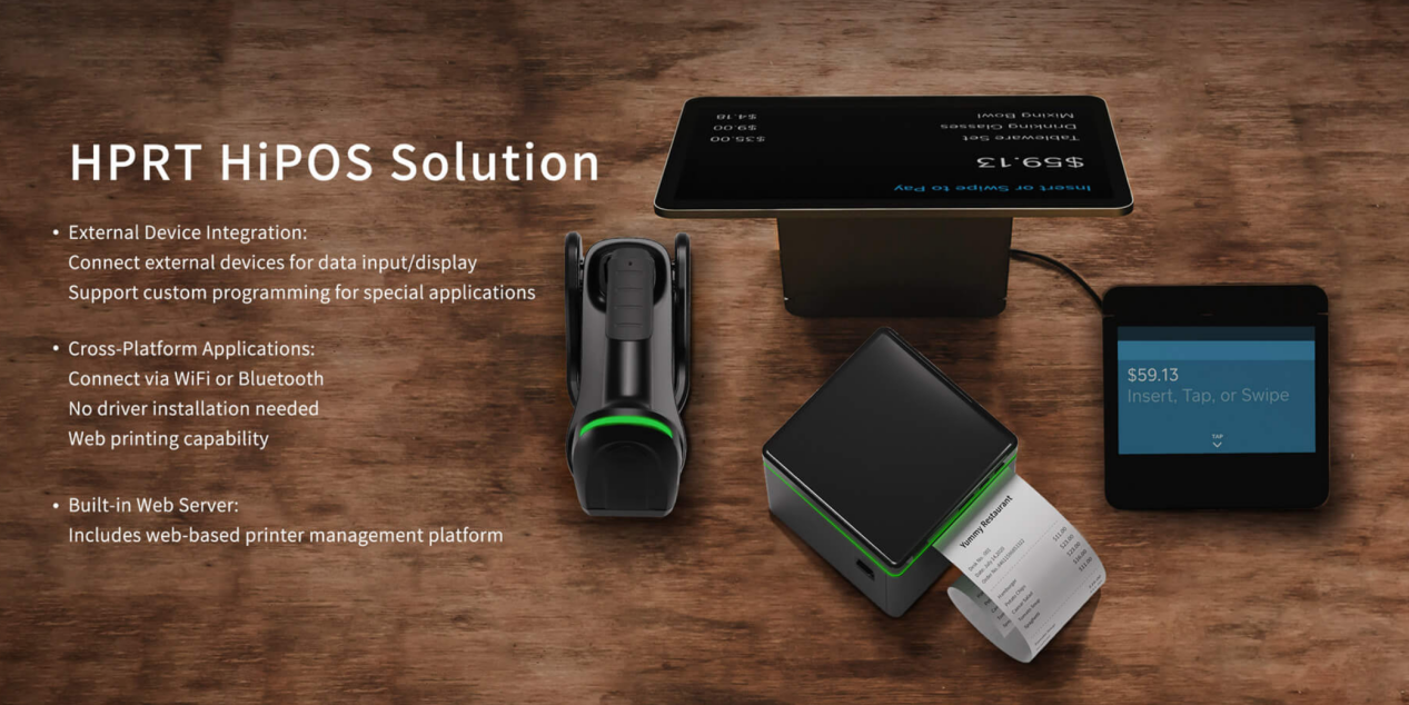 A complete POS station with customer display, scanner, and printer.