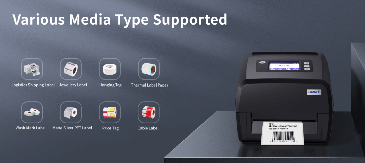 An industrial thermal transfer printer creating durable labels.