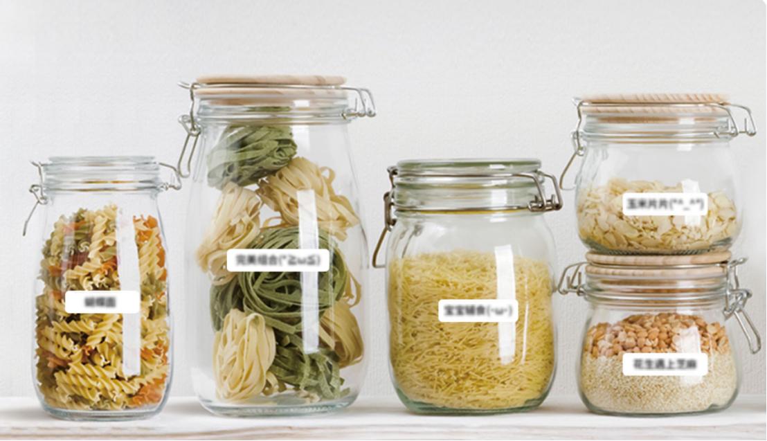 organized kitchen jars with labels