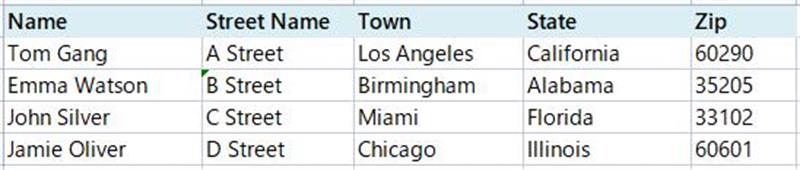 example of address labels in the Excel