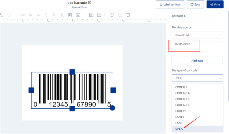 HereLabel generates UPC barcode