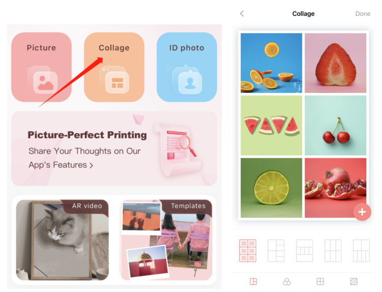 collage interface of the HPRT photo printing app